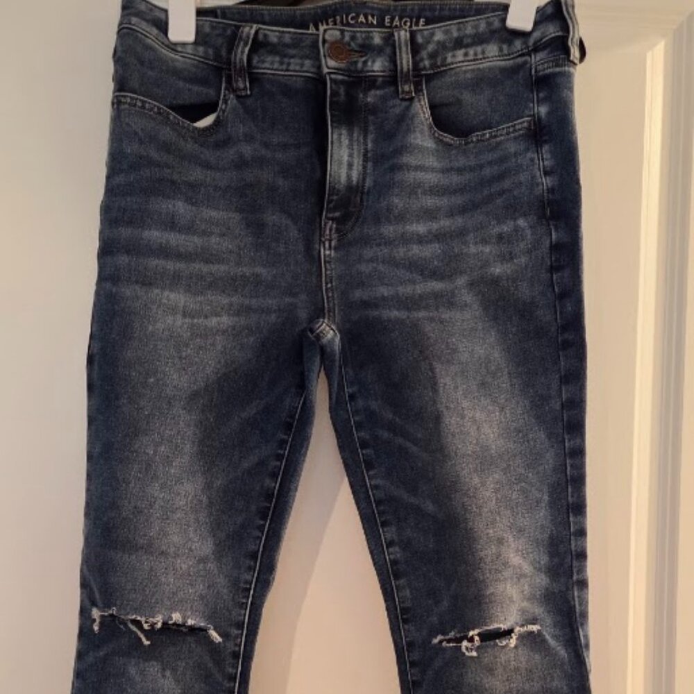American Eagle Super Stretch Hi Rise Jegging Skinny Jeans Size 12R Destroyed -